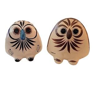 1960 Tonala Mexico and LAT Mexico Folk Art Both Signed Two Owls 5" and 4.5"